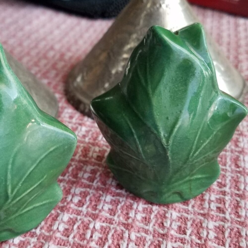 3 vintage figural pieces - salt and pepper leaf shakers + decorative leaf dish